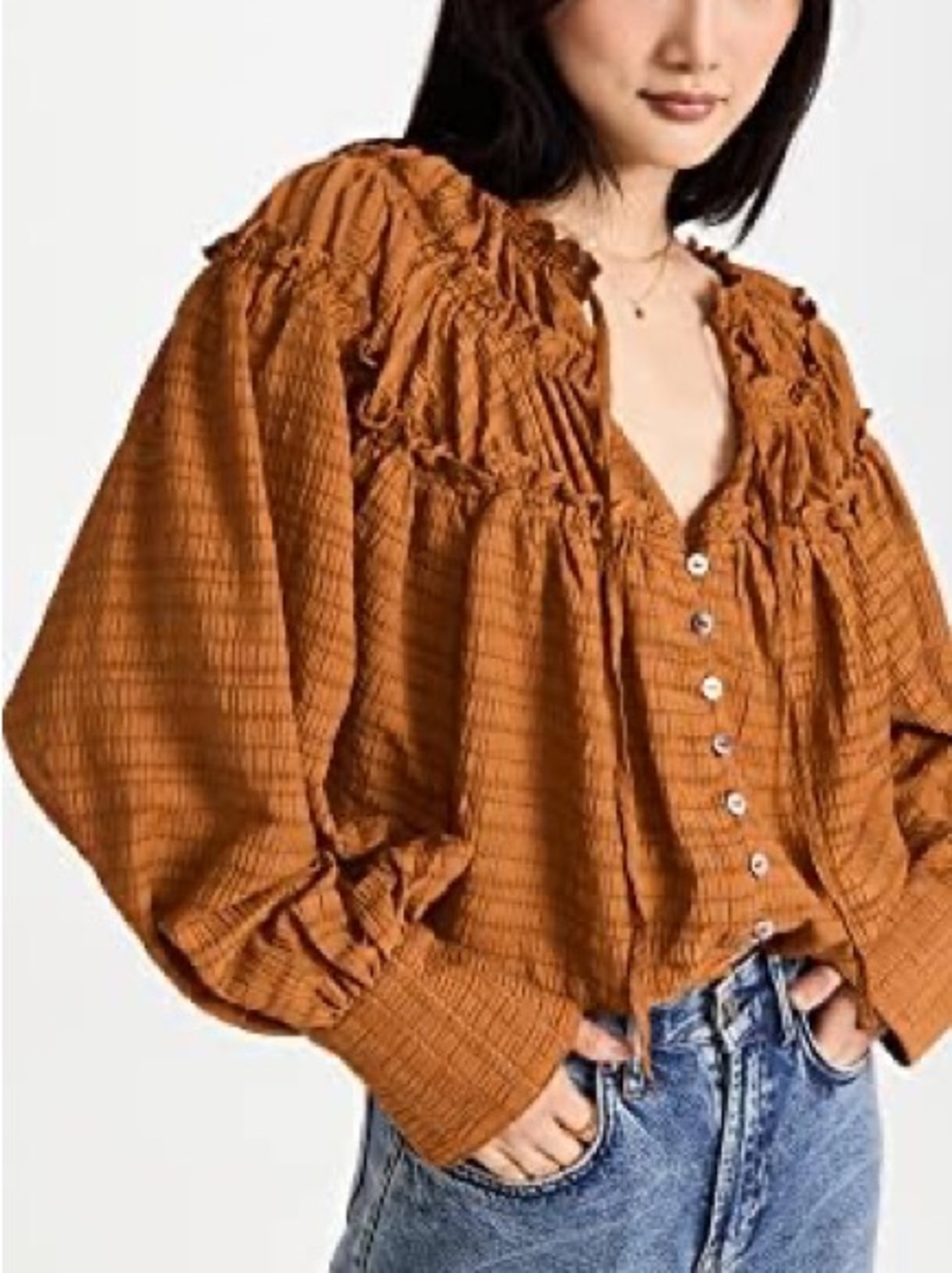 Free People Hailey Blouse in Glazed Ginger Button-Front Smocked Loose Top XS
